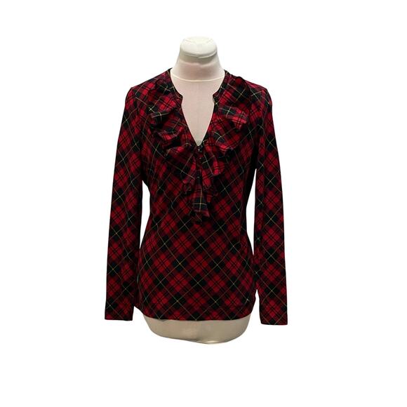 Lauren Ralph Lauren Tops - VTG LRL RALPH LAUREN JEANS CO Red Plaid Ruffle Neck Long Sleeve Top MEDIUM Y2K